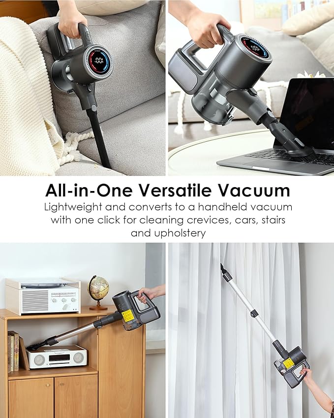 Cordless Vacuum Cleaner 500W/40KPA Lightweight Stick Vacuum up to 40 mins Runtime LED Display and Green Headlights 6-Stages Filtration Self-Standing Vacuum for Home Hard Floor Carpet and Pet Hair