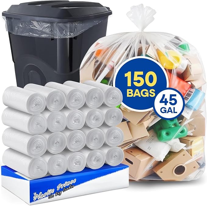 Plexon 40-45 Gallon Trash Bags Clear High-Density 22 Micron 40W × 48L Heavy Duty Garbage Bags Pack of 150 Puncture Resistant Ideal for Businesses and Facilities