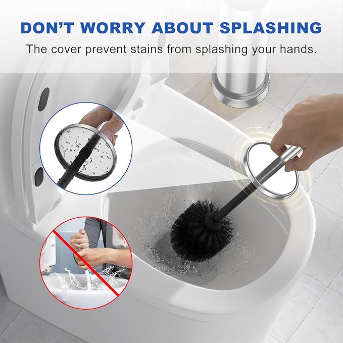 304 Stainless Steel Toilet Brush and Holder Set Heavy Duty Toilet Bowl Brush and Holder with Removable Inner Bowl Splash Protection Long Handle for Bathroom