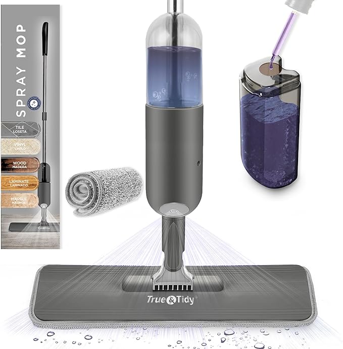 True &amp Tidy® SPRAY-250A Multi-Surface Spray Mop with Refillable Water Bottle Use Any Cleaning Solution Easy to Fill and Refill with Machine Washable Mop Pad (Gray)