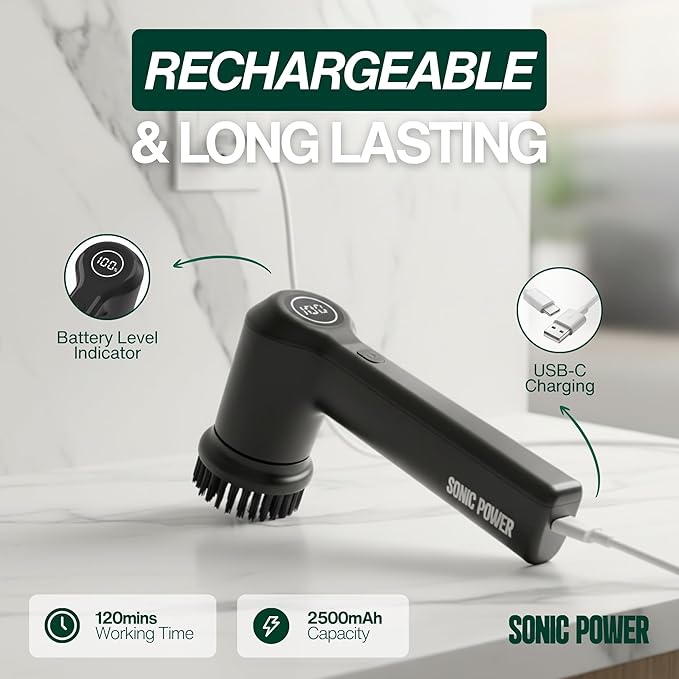 Electric Spin Scrubber – Handheld &amp Ergonomic IPX7 Waterproof 4 Multi-Purpose Brush Heads Long-Lasting Rechargeable Battery – Cleans Dishes Bathroom Tile Grout &amp Kitchen (Black)