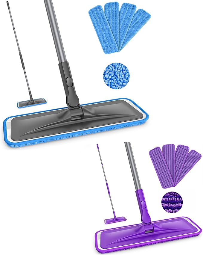 Grey Flat Floor Mop with 4 Reusable Microfiber Pads for Dusting + Purple Flat Floor Mop with 4 Washable Microfiber Pads for Mopping