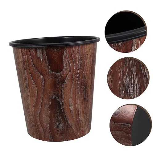 Retro Wood Grain Wastebasket Round Lidless Trash Can for Home Office Bedroom Bathroom Elegant Grain Pattern Garbage Bin for Dining Room Kitchen Decor