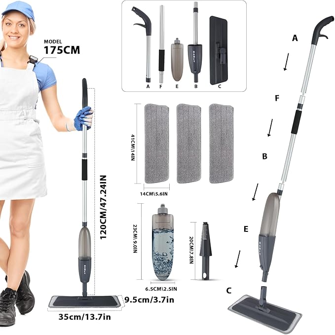 DARIS Spray Mops with 3 Microfiber Pads Dust Mop with 360ml Bottle for Floor Home Cleaning 360 Rotation Wet Dry Mops for Cleaning Hardwood Laminate Ceramic