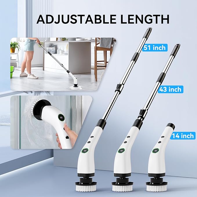 Electric Bathroom Cleaning Brush Cordless Spin Scrubber Full Body Waterproof IPX7 with Adjustable Handle 8 Replaceable Brush Heads for Bathtub/Kitchen/Window/Home -SD-CTB01