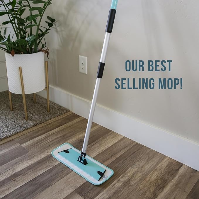 Don Aslett's 12 Mop with 2 Reusable Microfiber Pads (Aqua) Bathroom or Kitchen | 360° Rotating Head | Machine Washable | Extending Pole