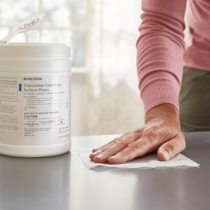 McKesson Germicidal Surface Wipes Pre-Moistened Alcohol Cleaning Wipes for Hard Surfaces Non-Woven Cloth - 6 in x 6 3/4 in 160 Wipes 1 Pack 1 Count (Pack of 160)