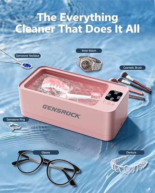 GENGROCK Ultrasonic Jewelry Cleaner Machine 48kHz Sonic Cleaner 3 Modes Deep Cleaning 360ML Food Grade Tank 45dB Quiet for Jewelry Rings Gold Silver Glasses Dentures(Pink)