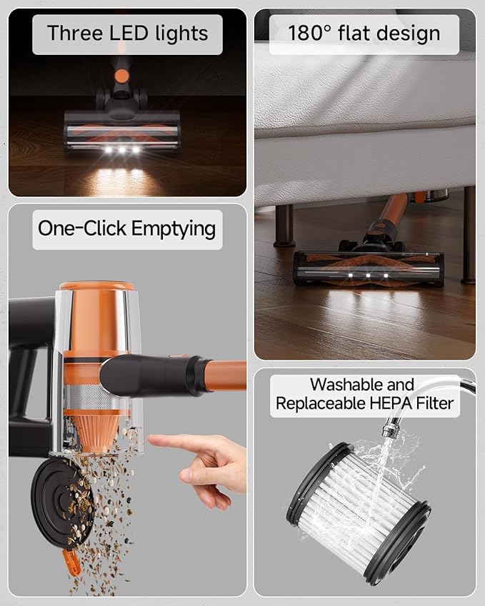 MOMAX Vacuum Cleaner for Home – Cordless Stick Vacuum with Powerful Suction Rechargeable Lightweight 45 Mins Runtime for Carpet Hard Floors Pet Hair Cat Litter (Orange &amp Black)