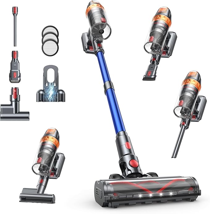 Cordless Vacuum Cleaner 600W with Extra Mattress Cleaning Tool 45KPA Stick Vacuum Cleaners for Home 60 Mins Runtime Self-Standing Wall Mount Charging Rechargeable Vacuum for Floor Carpet Pet Hair