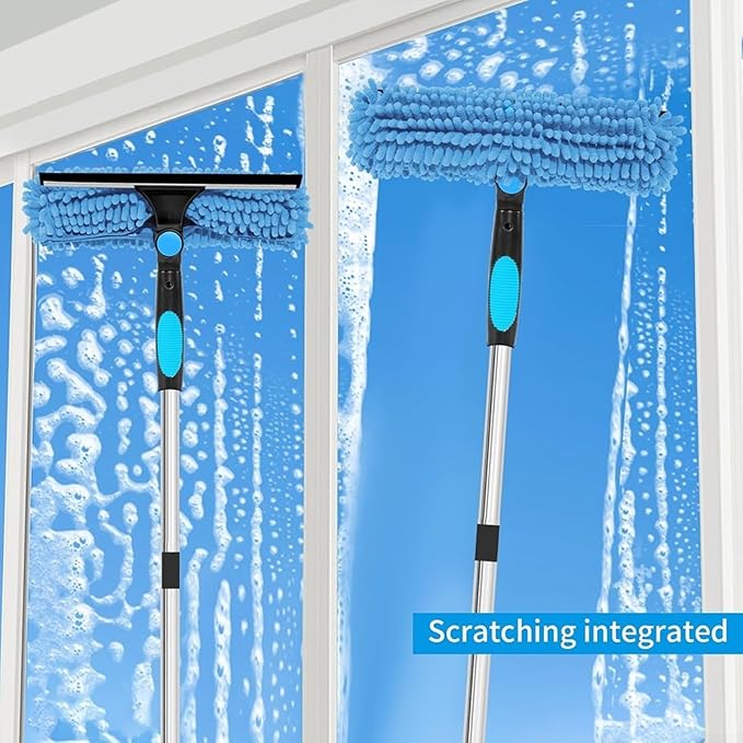 Double-Sided Window Cleaning Tool for Glass Surfaces High-Rise Reach Scraper with Stainless Steel Blade Ergonomic Handle for Easy Use 41 x 14 x 6 cm Silver and Blue(B)