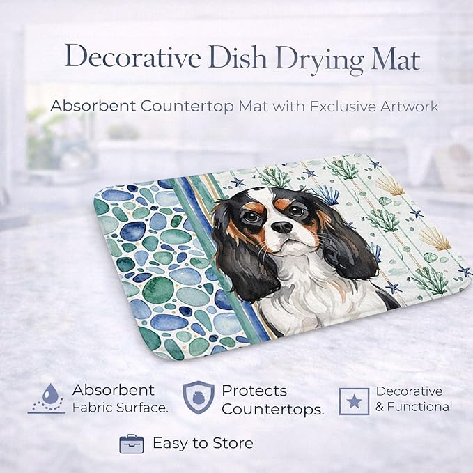 Caroline's Treasures Tricolor Cavalier Spaniel Coastal Sea Glass Dish Drying Mat Absorbent Dish Drying Mat Pad for Kitchen Counter Dish Drainer Mat for Countertop 14 x 21 Multicolor