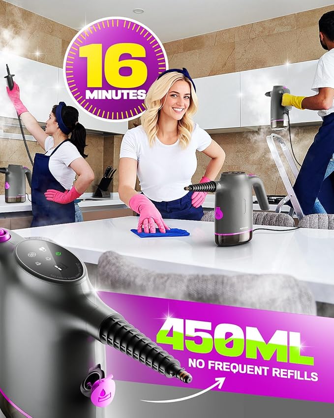 POPCHOSE Handheld Steam Cleaner for Home Portable Pressurized Steamer for Cleaning Grout Surfaces Bathroom Couch 20S Fast Heat Up 12 Accessories Steam Adjustable Safety Lock Graypurple