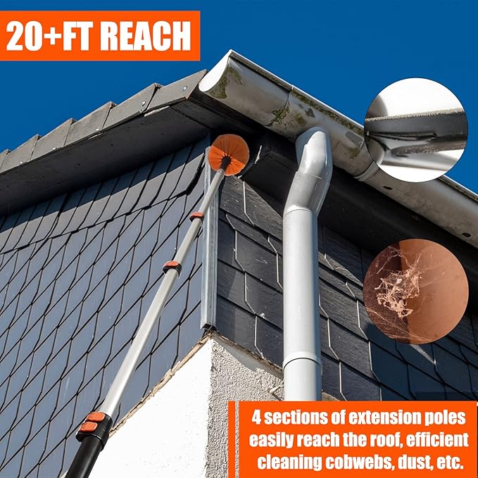 Buyplus 26FT Reach Cobweb Duster Outdoor Spider Web Cleaner Brush with Professional 5-20FT Extension Pole Non-Shedding Fluffy Bristles Suitable for Ceiling and Corner Dusters for Indoor and Outdoor