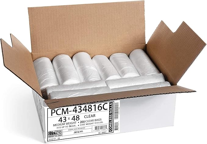 Aluf Plastics 56 Gallon Clear Trash Bags (200 Count) - 43 x 48 - PCM SERIES PREMIUM High Density 16 Micron Equivalent Garbage Bags for Bathroom Office Industrial Commercial Janitorial