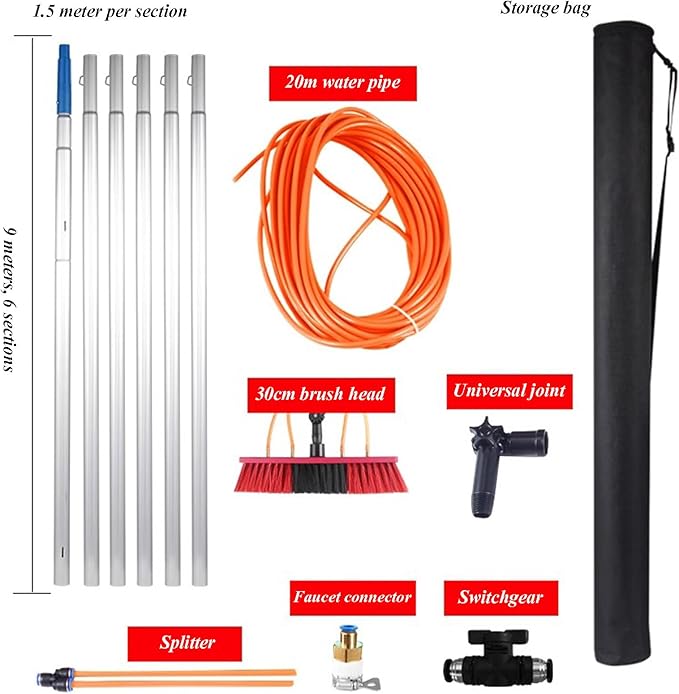 Window Scrubber with Long Handle Glass Cleaning Tools with 30cm Cleaning Brush and 20m Water Pipe for Car Shower Indoor or Outdoor Mirror Door Solar Panel