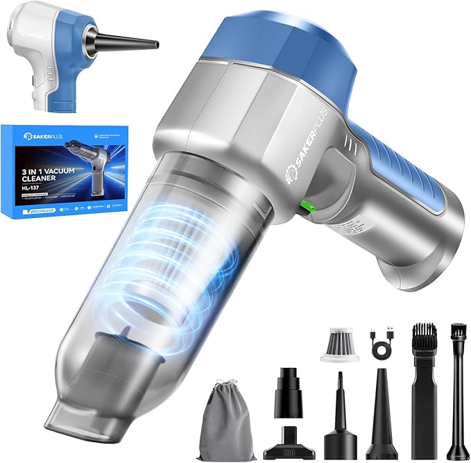 Mini Vacuum Cleaner 3 in 1 Car Vacuum Cleaner High Power 15000PA Powerful Suction Air Duster 7500mAh Adjustable Small Vaccum Portable Cordless for CarsDesktopHome- Light Blue