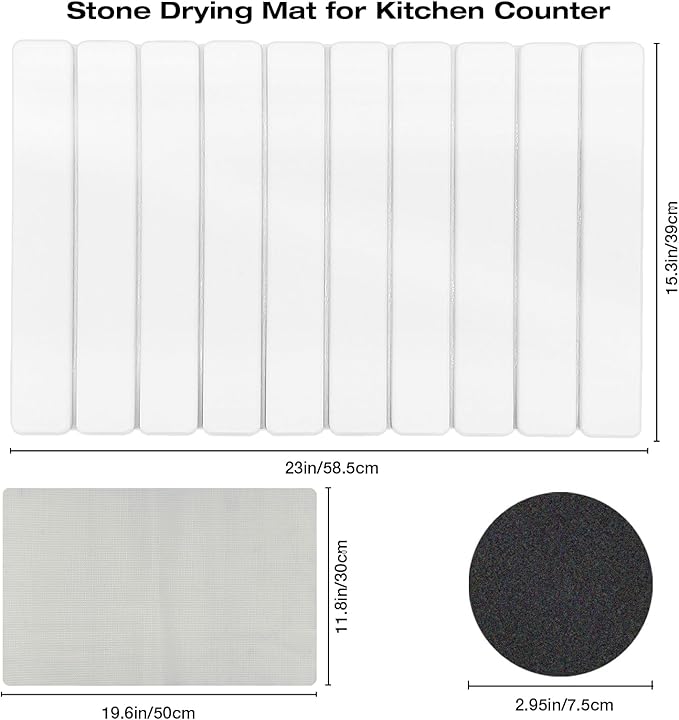 Diatomaceous Earth Stone Dish Drying Mat for Kitchen Counter – 24”x16” Non-Slip Quick-Dry Surface Sleek Foldable Design &amp Collapsible Storage White