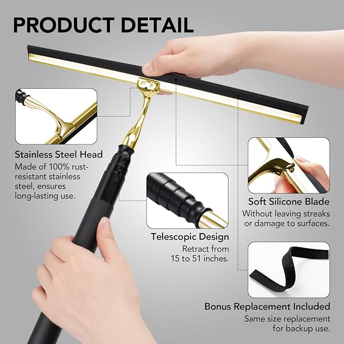 Shower Squeegee with Long Handle 15-51 Telescopic Squeegee for Window Cleaning Window Squeegee for Glass Doors Extendable Window Cleaner Tool for Tile Walls Sliding Door Floor Car Windshield-GD