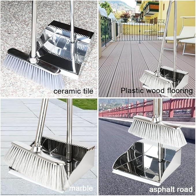Metal Dustpan with Broom Set Long Handle Stainless Steel DustpanHeavy Duty Standing Dust Pan with Teeth Indoor Outdoor Up for Home Kitchen Lobby Room Office