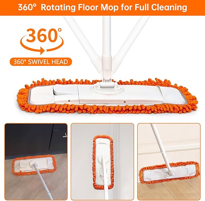 Dust Mop with Washable Microfiber Pad - Dry &amp Wet Floor Mop Featuring Built-in Scouring Pad for Hardwood Laminate Tile Marble