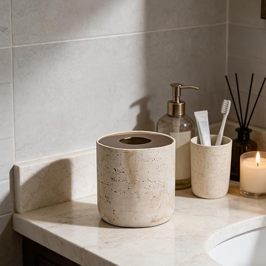 Natural Travertine Textures Mini Trash Can with Rose Gold Stainless Steel Lid Mini Countertop Trash Can for Bathroom Kitchen Desk or Table top Mini Garbage Can Resin Tiny Waste Basket for Vanity