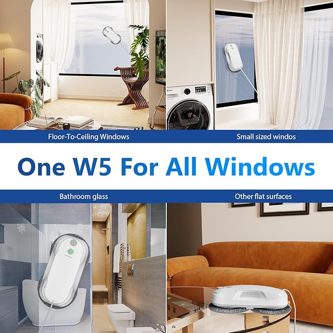 Tosima W5 Window Cleaning Robot Dual Direction Auto-Spray Smart Window Cleaner with Triple Safety System Smart Navigation Remote Control for All Smooth Surfaces with 8 Rags White