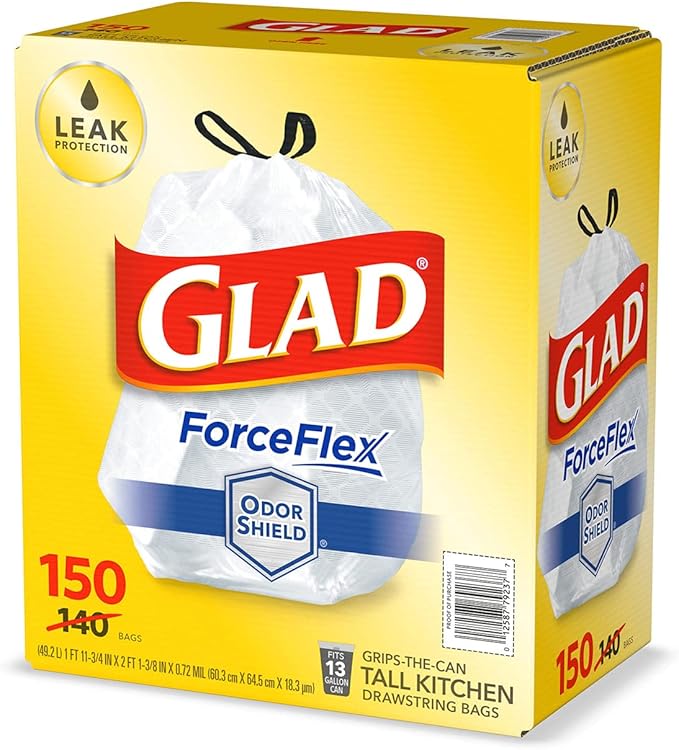 Glad Forceflex Tall Kitchen 13 Gallon Drawstring Trash Bags with Odorshield (150 Ct.)