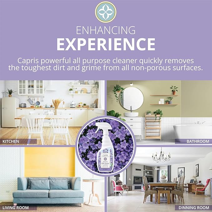 CAPRI ESSENTIALS All Purpose Cleaner Natural Household Cleaning Supplies Plant Based Kitchen Counter Surface Spray Removes Dirt &amp Grime Blend of Essential Oils White Lavender 23 FL Oz (6 Pac