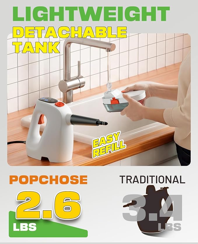 POPCHOSE Steam Cleaner with Detergent Dispenser 15s Heat-Up Handheld Steam Cleaner for Home 500ml Removable Water Tank Lightweight Portable Steamer for Cleaning Grout Windows Kitchen Easy Refill