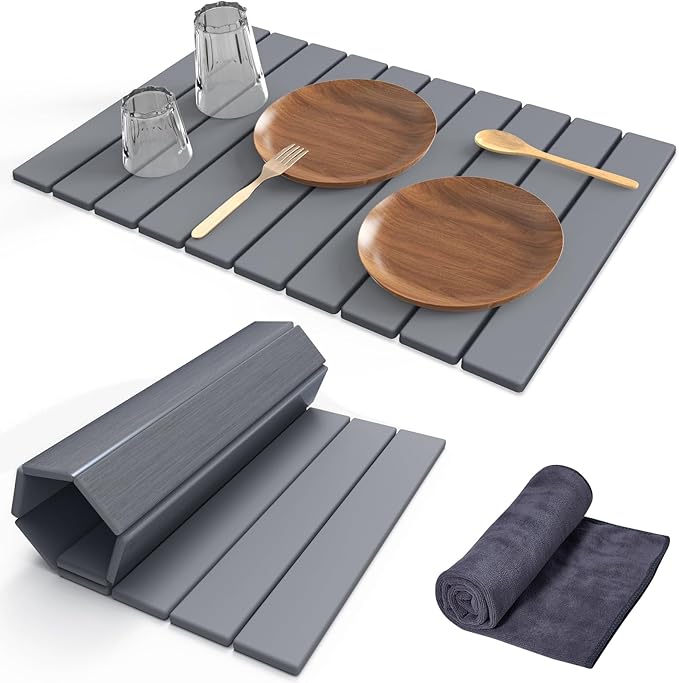 Stone Dish Drying Mat for Kitchen Counter24(L)×16(W) Collapsible Fast-Drying Diatomaceous Earth Mats with Towel Sanding ToolVersatile Stone Drying Mats for Cups Dishes Bottles