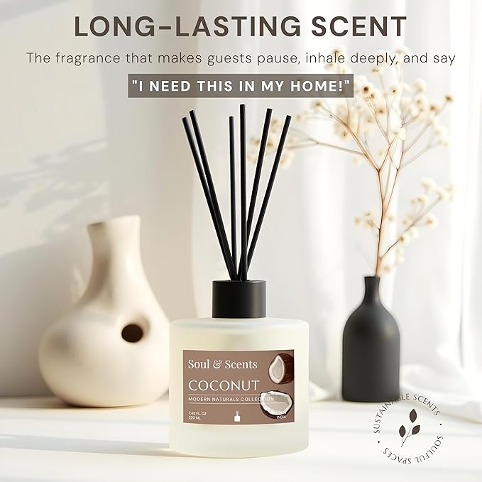 Soul &amp Scents Reed Diffuser Set – Coconut | 7.43 oz Refillable Scented Oil with 6 Fiber Sticks | Long-Lasting Home Fragrance &amp Air Freshener for Bedroom Bathroom Office | Gift &amp Décor Pi