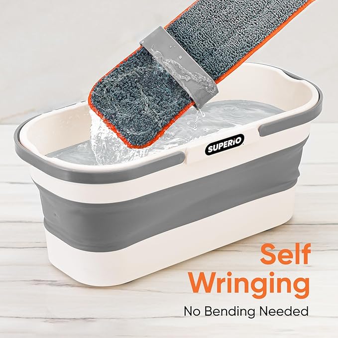 Superio Fold N' Go 10L Collapsible Mop Bucket with Wheels &amp Self-Wringing Microfiber Flat Mop - Portable Hands-Free Cleaning Set for Home Car Kitchen Bathroom Hardwood &amp Tile Floors