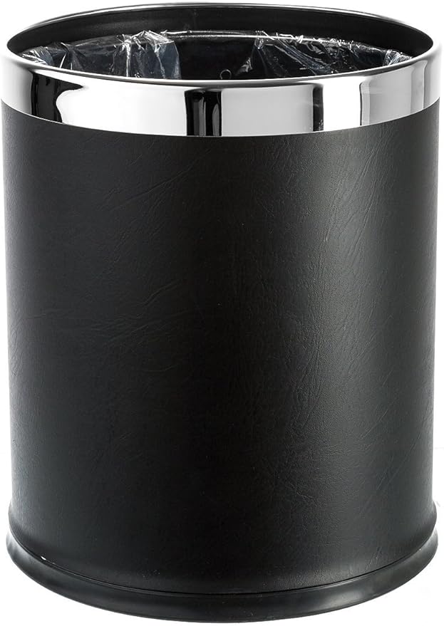 'Invisi-Overlap' Open top Leatherette Trash Can Small Office Wastebasket Modern Home Décor Round Shape (Black)