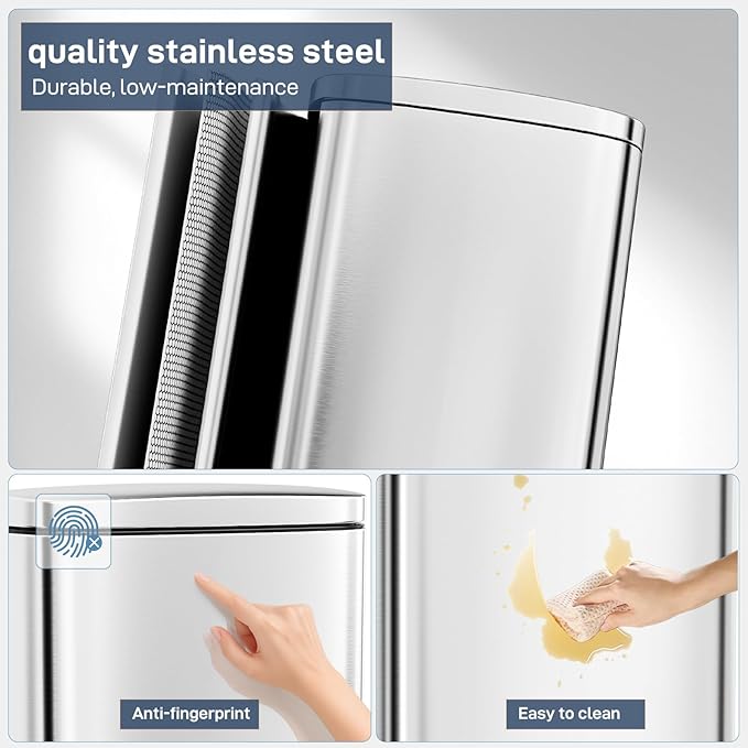 Arlopu 8 Gallon Step Trash Can Stainless Steel Garbage Bin Soft-Close Rubbish Bin with Removable Plastic Inner Bucket Fingerprint-Proof Lid Dustbin Suit for Kitchen Home (Silver 30L)