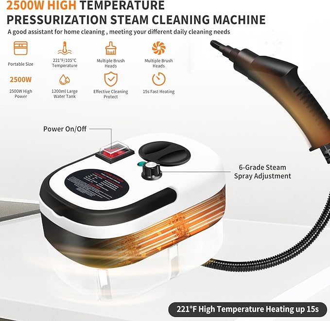 6 Level Adjustable Handheld Steam Cleaner for Home15s Heat-Up Pressurized Steamer for Cleaning1.29 Quarts Tank Portable Steam Cleaner Handheld for Car