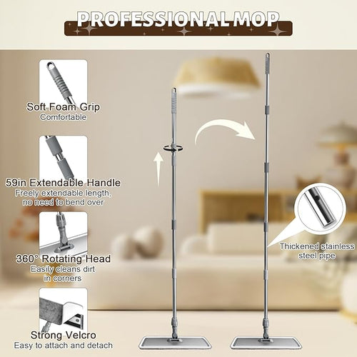 17.7 Microfiber Mop for Floor Cleaning 59in Long Adjustable Stainless Steel Handle 360° Rotating Large Flat Mops 4 Washable Pads for Dry &amp Wet Cleaning for Hardwood Vinyl Laminate Grey