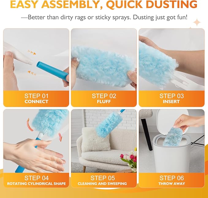 60PCS Fluffy 360° Heavy Duty Duster Refills fits Swiffer Duster 4X Dust Capture Power Unscented Disposable Electrostatic Dusters with 3ft Extended Handle for Furniture Electronics Blinds