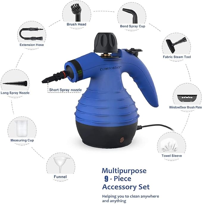 Comforday Handheld Pressurized Steam Cleaner - Multi-Purpose Steamer with 9-Piece Accessories Steam Cleaning Machine for Stain Removal Curtains Car Seats Floor Window (Blue)