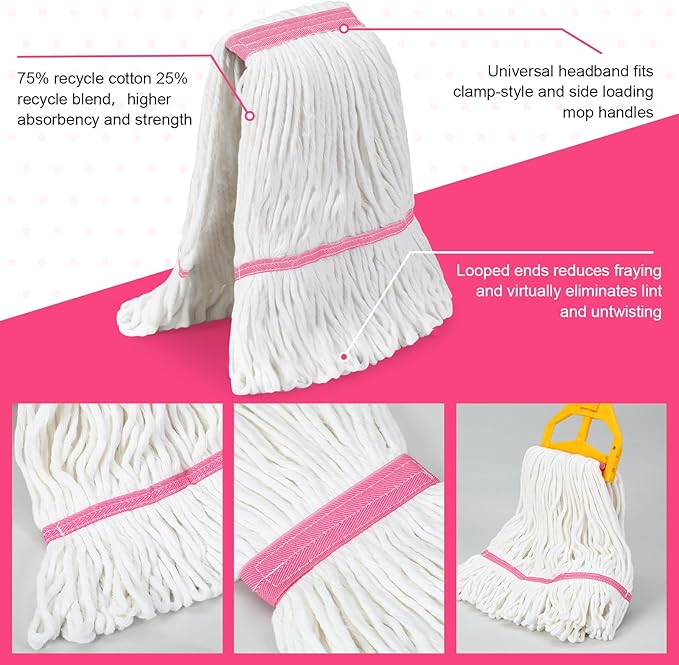 Eccliy 6 Pack Heavy Loop End Cotton String Mop Head Heavy Duty Mop Head Commercial Refills Replacement Bulk for Home Industrial Commercial Floor Cleaning (WhitePink)