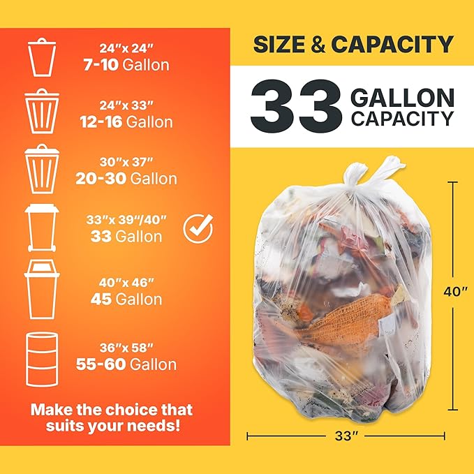33 Gallon Trash Bags 16 Micron High Density Pure HDPE Garbage Can Liners Bulk 33 x 40 Natural Clear 250 Count