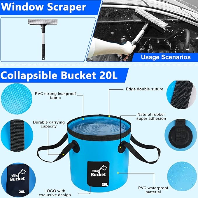 THINKWORK Car Wash Kit Car Detailing Kit with Foam Gun Car Wash Brush Mop and Large Folding Bucket Suitable for Car Cleaning Blue Car Wash Set Gift for Men and Women
