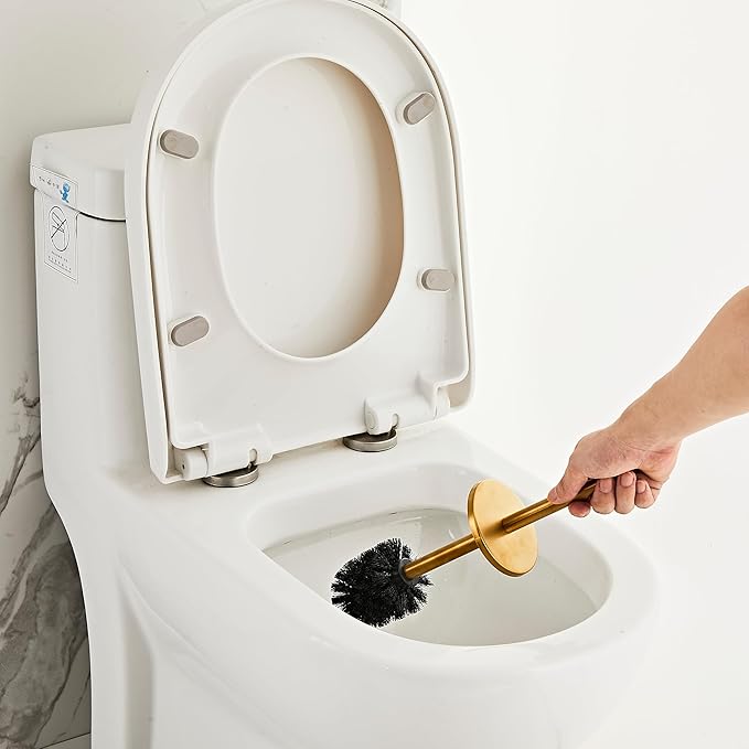 Brushed Gold Toilet Brush and Holder Set - Stainless Steel Toilet Bowl Scrubber with Replaceable Head &amp Splash Guard