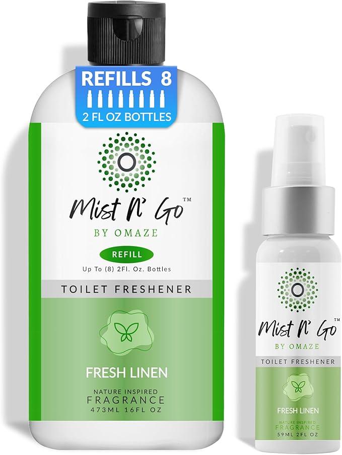 Mist N' Go by OMAZE Bathroom Odor Spray for Toilet Spray Refill Bottle - Multitasking Toilet Spray - Bathroom Spray Odor Eliminator for Strong Odors | Fresh Linen 16oz + 2oz