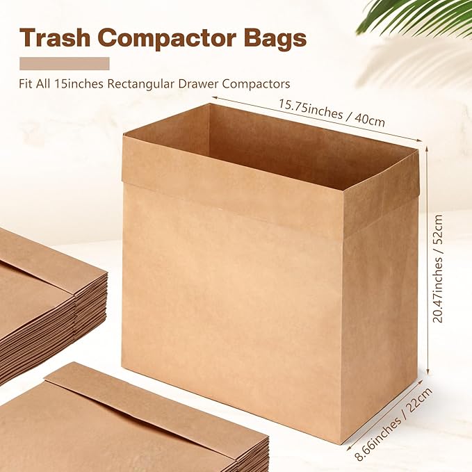 30 Pcs Trash Compactor Bags for Kitchen Pre-Cuffed Heavy Duty Kraft Paper Compactor Bags with Waterproof Liner Reinforced Bottom for Kitchen Use 20.47 x 15.75 x 8.66