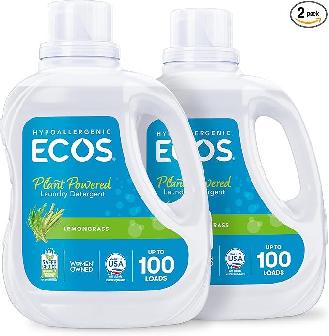 ECOS Laundry Detergent Liquid 200 Loads - Dermatologist Tested Laundry Soap - Hypoallergenic EPA Safer Choice Certified Plant-Powered - Lemongrass 100 Fl Oz (Pack of 2)