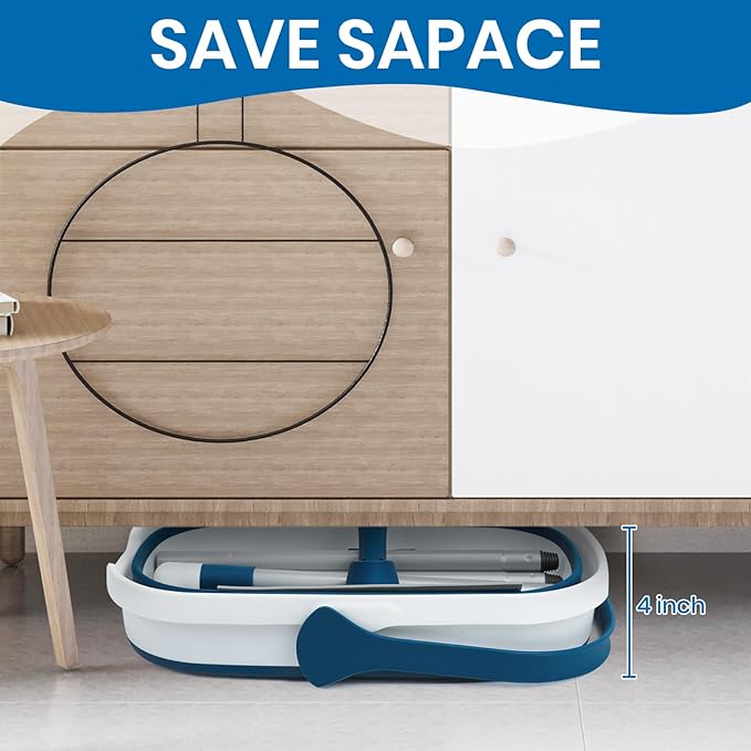 Collapsible Mop and Bucket Set with Scrub Mop and Brush Tile Laminate Hardwood Floor Brush and Flat Mops for Floor Cleaning Foldable Bucket with Washable Microfiber Mop(Blue)