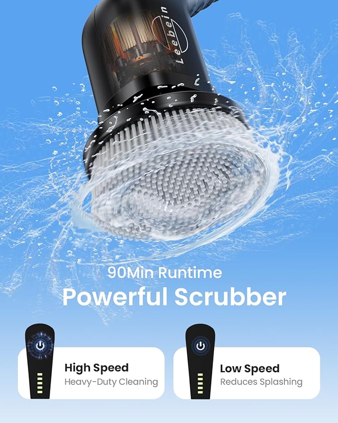 Leebein Electric Spin Scrubber Cordless Cleaning Brush with 8 Replaceable Brush Heads Tub and Floor Tile Power Scrubber Dual Speed with Adjustable &amp Detachable Handle for Bathroom Tub (All Black
