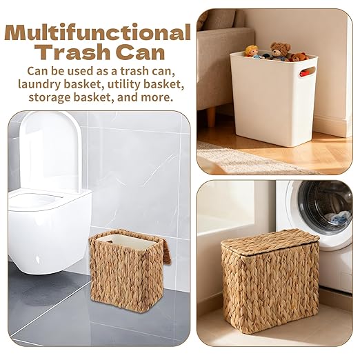 Wicker Trash Can with Lid and Liner Bathroom Trash Can with Lid Natural Water Hyacinth Wicker Waste Basket Boho Rattan Garbage Wastebasket for Bedroom Living Room Office Kitchen