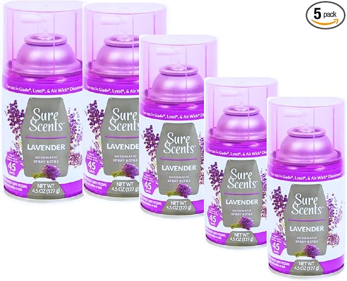1 - (5 Pack) Automatic Spray Refills – 4.5 oz Each Lavender Scent Air Freshener Refill for Automatic Dispensers – Long Lasting Room Freshener Spray Home Bathroom &amp Office Odor Eliminator